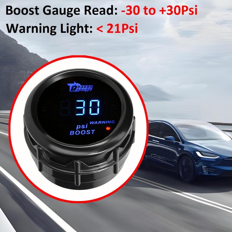 LKRXW Car Boost Gauge 12V Auto Boost Psi Gauge 2" 52mm Turbo Boost Gauges Meter Digital Blue Light Instruments -30-0 - 30 Psi Smoke Tint Len with Sensor - Image 4